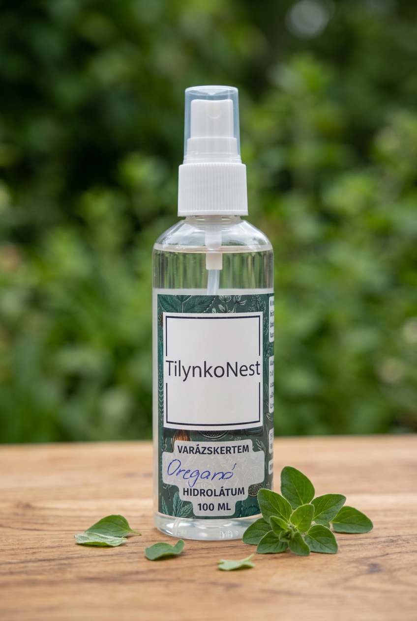 Oregánó hidrolátum 100 ml, fa felületen, zöld növényi háttérrel
