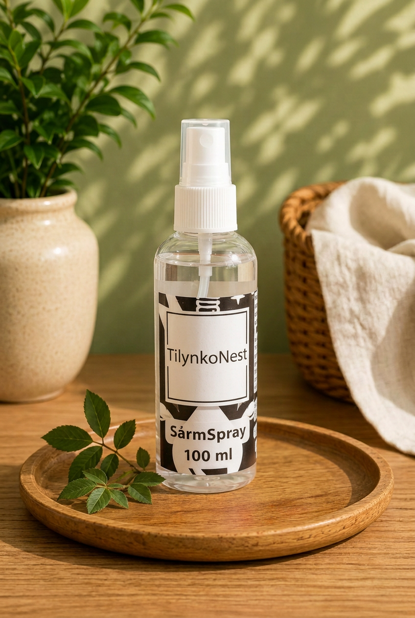 SármSpray növényi illatvíz 100 ml, fa tálcán, lágy zöld háttérrel