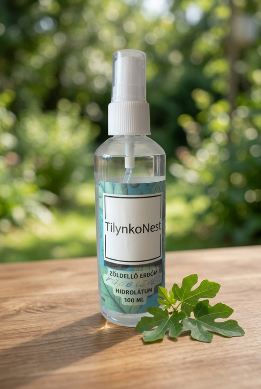 Fügefalevél hidrolátum 100 ml, fa felületen, zöld növényi háttérrel