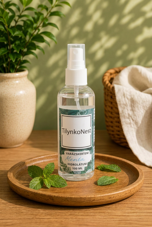 Menta illatvíz 100 ml, fa tálcán, zöld háttérrel és friss mentalevelekkel