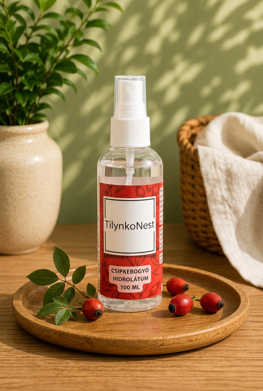 Csipkebogyó illatvíz 100 ml, fa tálcán, zöld háttérrel és csipkebogyókkal