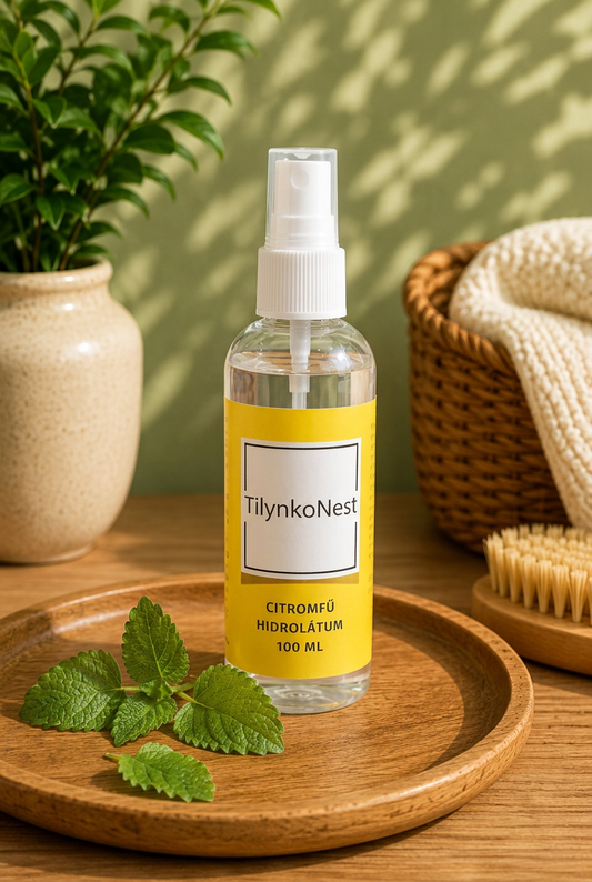 Citromfű illatvíz 100 ml, fa tálcán, zöld háttérrel és citromfűlevelekkel