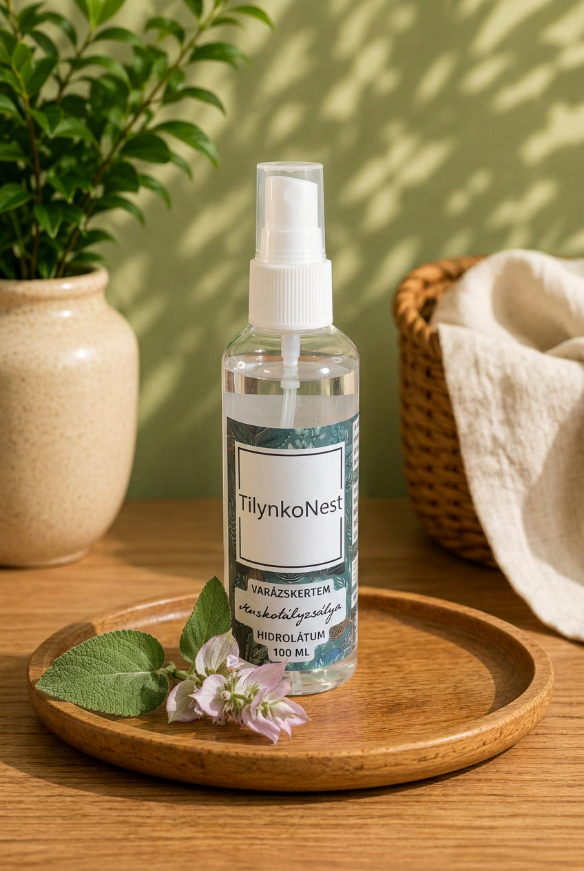 Muskotályzsálya illatvíz 100 ml, fa tálcán, zöld háttérrel és muskotályzsályával